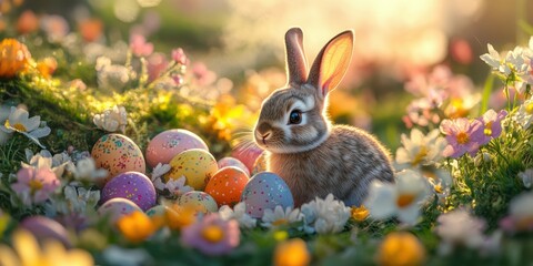Springtime magic with a playful rabbit among colorful eggs in a blooming garden at sunset