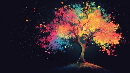 A colorful tree illustration, with artistic brushstroke effects on the trunk and leaves, set against a bold black background