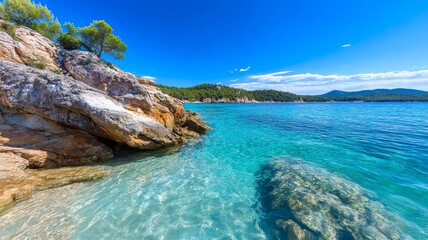 Obraz premium Coastal Rocks and Azure Sea - Serene seascape, crystal clear water, tranquil beach, rocky coastline, summer vacation. Symbolizing peace, serenity, escape, beauty, and adventure