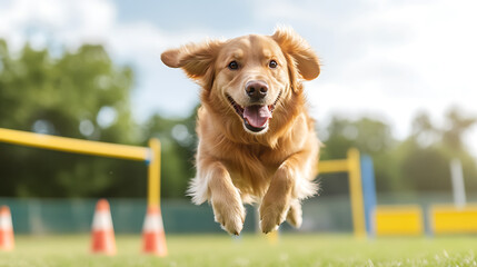 Golden retriever leaps joyfully over an agility course jump, eyes sparkling with excitement and boundless energy on a bright, sunny day, ears flapping.