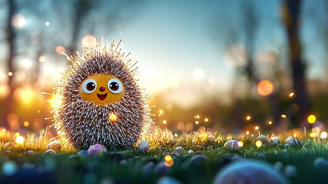 Cute animated hedgehog smiles amid sparkling scenery in a tranquil outdoor setting at sunset