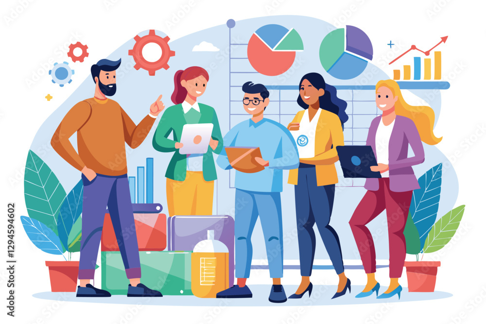 Poster a diverse team analyzes performance graphs and diagrams while working together in an office environm