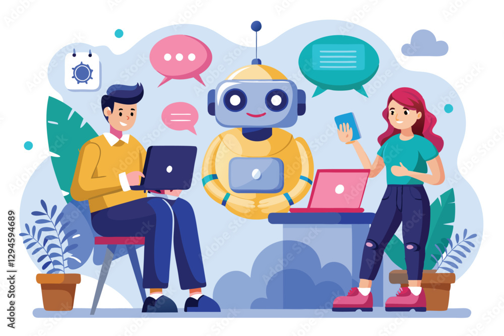 Poster a group of individuals interacts with a chatbot, utilizing laptops and mobile devices in a bright wo