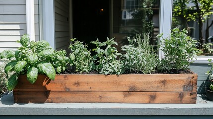 Wooden planter box with herbs on porch, house in background