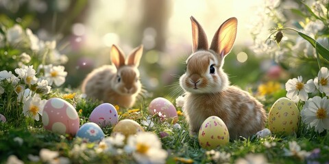 Bunnies exploring a garden filled with colorful eggs and blooming flowers during spring