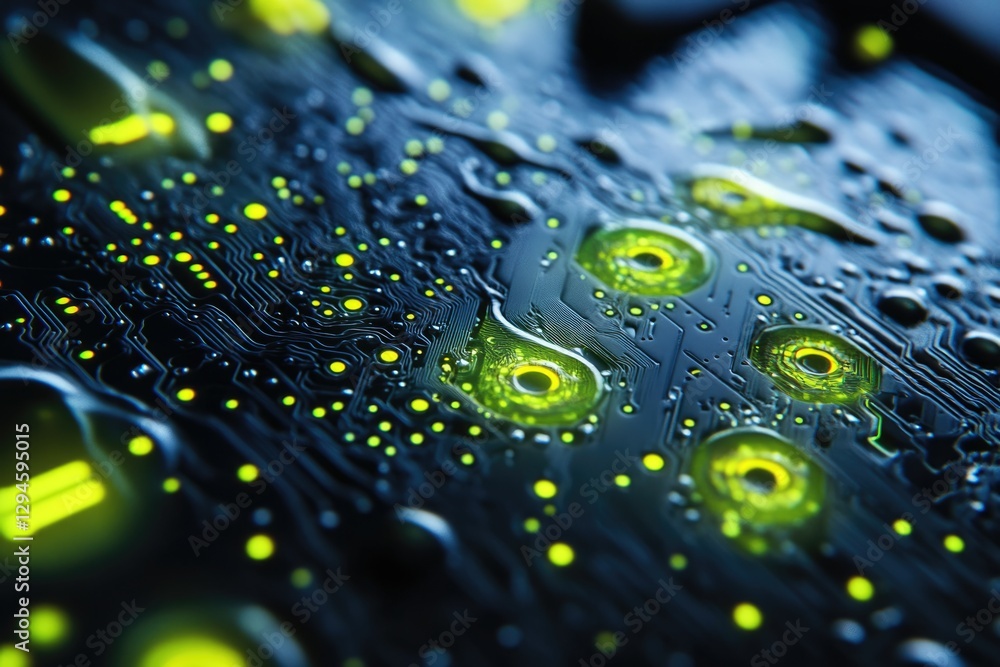 Poster close-up of a circuit board with glowing components, showcasing intricate technological detail.