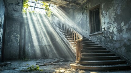 Abandoned staircase inside old ruined building with sunlight coming through broken ceiling. Atmospheric decay, peeling walls, and mysterious lighting create eerie mood of forgotten place