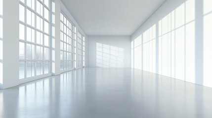 Fototapeta premium Large Modern Hall with Floor-to-Ceiling Windows, Smooth White Walls, and Polished Floors Providing a Minimalist and Airy Backdrop with Bright Daylight
