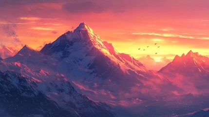 Majestic Snowcapped Mountain at Vibrant Sunset