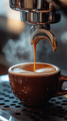 Hot espresso pouring from a metallic coffee machine into a brown ceramic cup with rich crema and steam rising in a cozy cafe setting