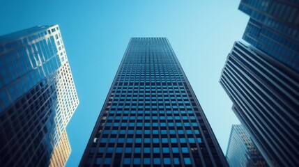 Obraz premium An upward view of a sleek skyscraper against a clear blue sky captures modernity, elegance, and architectural power amidst towering urban giants.
