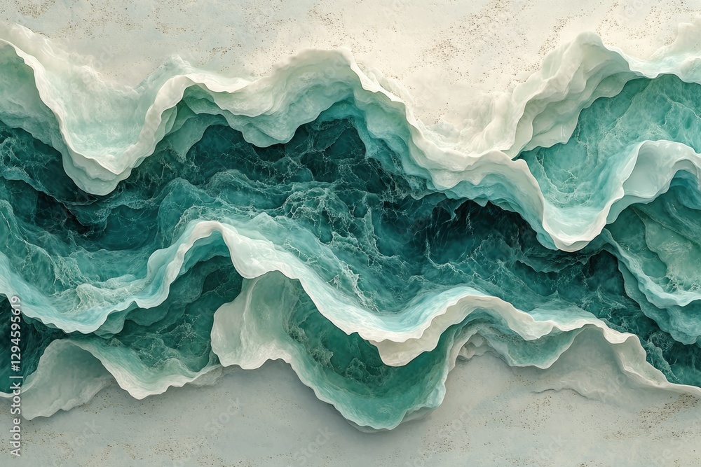 Poster abstract artwork depicting a mesmerizing underwater scene with teal and white waves, creating a surr