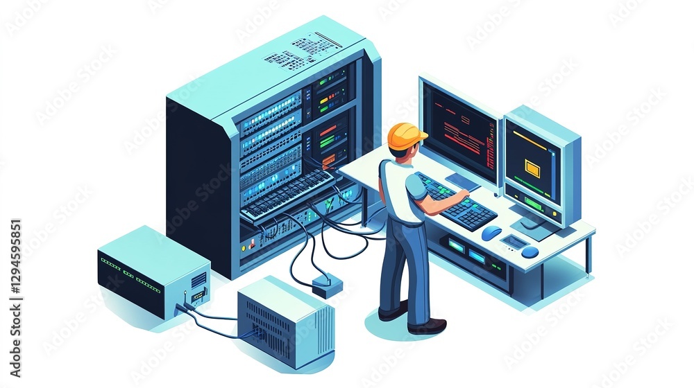 Poster network administrator configuring routers and switches in data center environment for enhanced conne