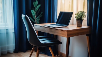 A contemporary home office featuring a wooden desk with a sleek black office chair, a laptop open on the desk