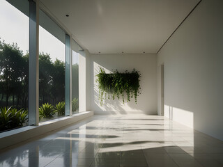 Obraz premium Image is a minimalist interior photograph featuring a single potted plant placed on a glossy white tiled floor. The plant, with lush green leaves, is housed in a smooth, round white pot.