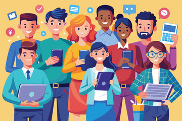 Men and women engaged with gadgets and devices, showcasing teamwork and technology in a bright setting, Men and women with gadgets and devices,