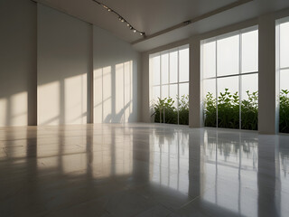 Obraz premium Image is a minimalist interior photograph featuring a single potted plant placed on a glossy white tiled floor. The plant, with lush green leaves, is housed in a smooth, round white pot.