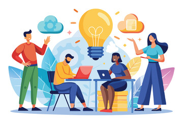 A group of men and women brainstorm ideas together, inspired by a light bulb symbolizing creativity, Men and women with light bulb, Insight and brainstorming, idea,