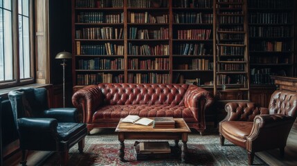 old library with a couch and chairs and old books