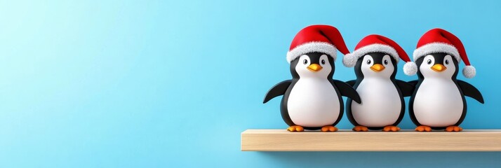 Obraz premium Festive Penguins on Shelf - Three adorable penguins wearing Santa hats stand on a wooden shelf against a light blue background. Perfect for Christmas cards or winter holiday decorations