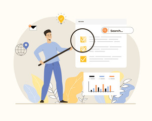 SEO analysis concept. Man settings site for search engines, analyzes statistics of web page, improvement and optimization. Flat vector illustration.	

