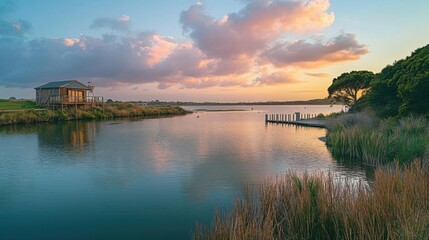 Fototapeta premium Barwon river bend and boathouse at sunrise Barwon Heads Coastal Vibe