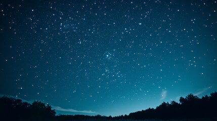 An expansive night sky filled with stars blankets the tranquil silhouette of a treeline, inviting reflection and awe.