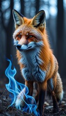 Fototapeta premium Fox portrait standing near blue flames in forest. Orange fur and alert expression in woodland scene.