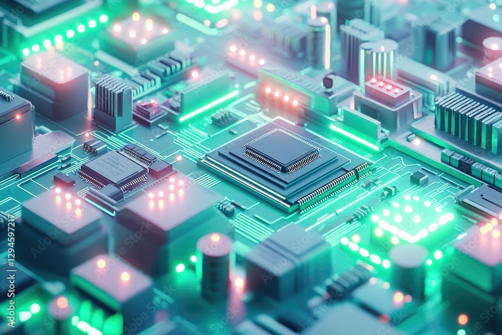 Poster close-up view of a complex circuit board with glowing components, showcasing intricate technological