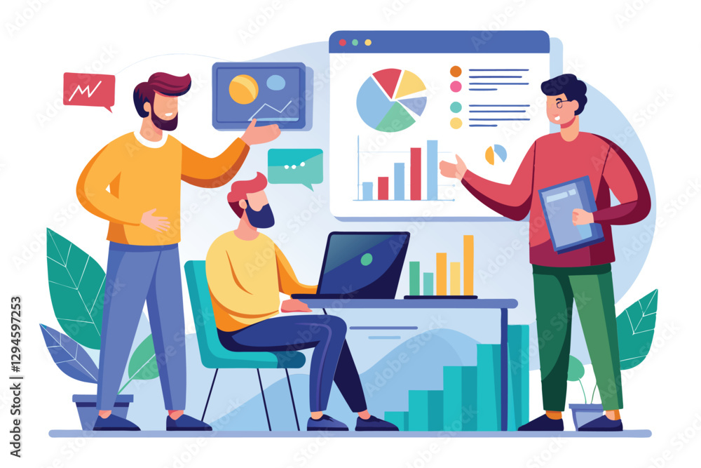 Aufkleber three men discuss and present analytical data using charts and graphs in an office setting, women pr