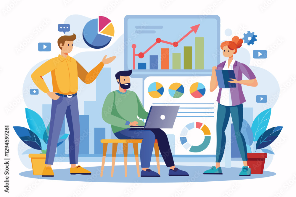 Poster three men discuss growth data and analytics while using laptops and visual aids in an office space, 