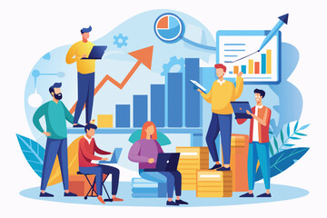 A group of men collaborates to analyze and prepare growth data in a contemporary office environment, men prepare growth data analysis