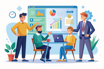 Fototapeta premium A group of men collaborate and discuss analysis data presented on a screen in an office setting, women present analysis data to colleagues