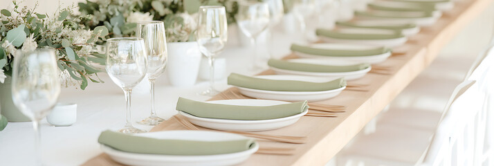Elegant table setting featuring white plates, sage green napkins, and delicate floral arrangements for a special event. Clean, minimalist aesthetic.