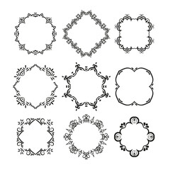 Set of decorative ornate frames. Collection of frames of different shapes, including circles, squares, and diamonds, with unique ornamental design for invitations, labels, cards, decoration.