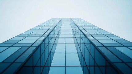 A minimalist, modern skyscraper rises into a pale sky, its glass fa&ccedil;ade creating sleek lines that enhance its geometric elegance.