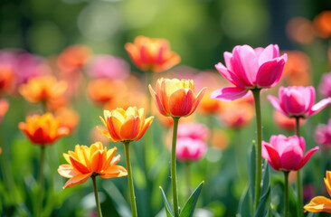 Naklejka premium Vibrant multicolored tulips blooming in a sunny garden