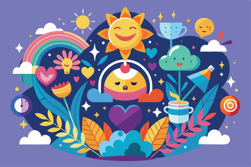 Obraz premium A vibrant and cheerful artwork symbolizes mental well-being, happiness, and harmony through colorful elements, Mental health, happiness, harmony creative abstract concept,