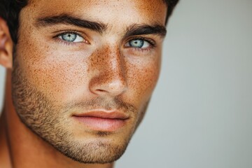 Obraz premium Close-up portrait of a young man with freckles, blue eyes, and stubble.