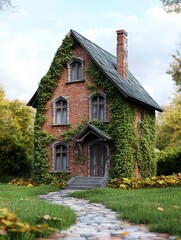 Ivy Covered Brick House - A charming brick house, completely covered in lush green ivy, sits on a grassy lawn with a stone pathway leading to its entrance