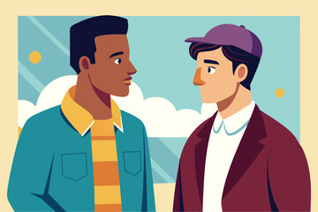 Fototapeta premium Two men share a lively conversation outdoors against a colorful background featuring clouds and sunshine, Men talking Customizable Semi Flat Illustration