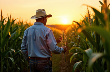 Hispanic male farmer in cornfield at sunset holding corn stalk