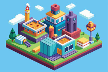 Fototapeta premium A detailed isometric design featuring various buildings and landscapes in a colorful, customizable city layout, Mention Customizable Isometric Illustration