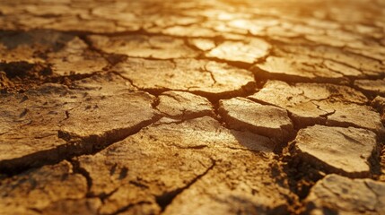 Fototapeta premium Cracked Dry Earth Under Golden Sunset Light