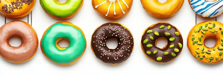 Variety of colorful donuts arranged in a row with different toppings and flavors displayed on a white background