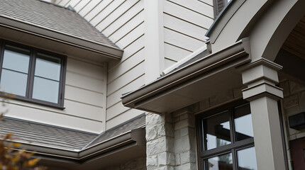 Fototapeta premium Modern House Exterior: Architectural Design, Stone Facade, and Contemporary Roofing