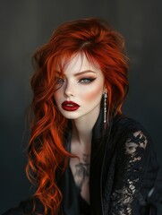 Fototapeta premium Fiery red-haired woman poses with a stylish look and vibrant makeup on a dark background