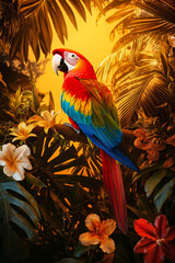 Obraz premium A colorful parrot sitting on a branch surrounded by tropical plants and flowers