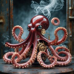 Fototapeta premium Red steampunk octopus with gears and steam. Octopus has pink tentacles and mechanical details. Dark background with metal surface