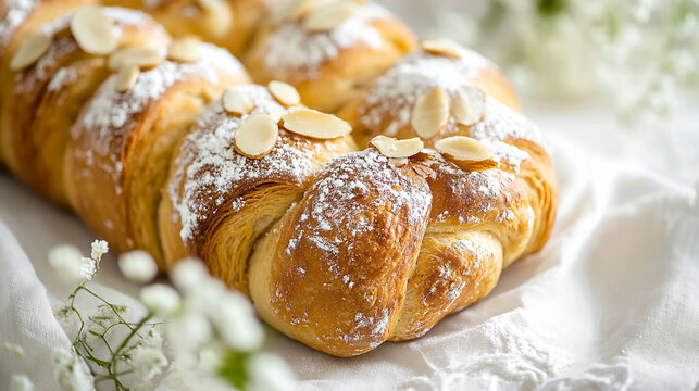 Freshly baked sweet Easter braided bread decorated with almonds on white plate linen table cloth. Traditional holiday pastry